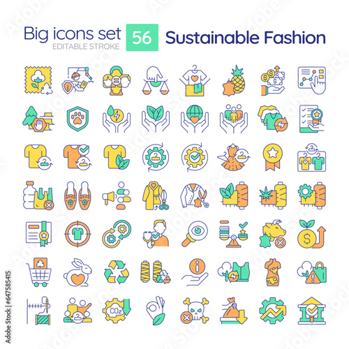 Fototapeta Naklejka Na Ścianę i Meble -  2D editable multicolor big line icons set representing sustainable fashion, isolated vector, linear illustration.