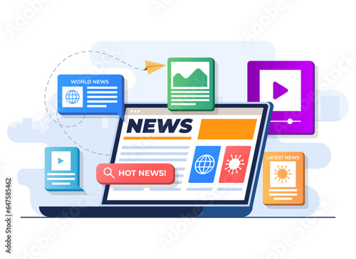 Online news mobile application flat illustration vector template, Online news article, News webpage, Online mass media on laptop screen, Internet newsletter