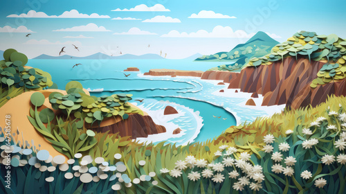 Taking a scenic bike ride along a coastal trail the refreshing breeze and ocean views made in paper cut craft