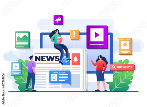 People characters browse online mass media feed, People read news articles, Online newspaper, News web page, Internet newsletter mobile application
