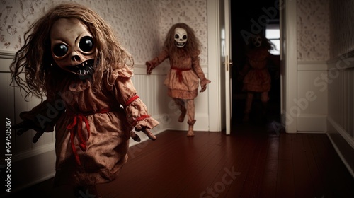 An evil toothy monster with an alien face and a dress, looking like a scary doll. A scene from a horror movie. Fear concept. Halloween. Digital art illustration for banner, poster, cover, brochure.