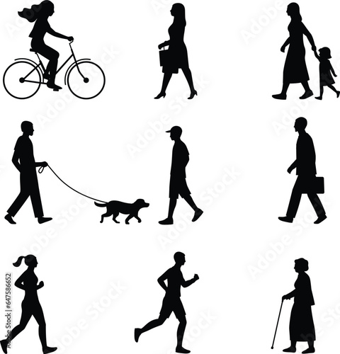 Vector Silhouettes of people going about their business, walking or exercising, jogging