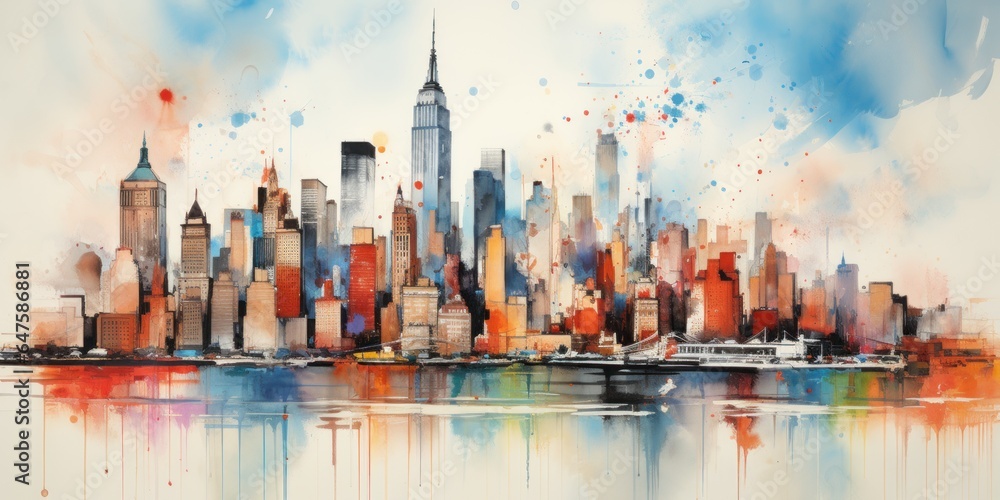 Abstract New York city panorama view in painting style, Wall art poster with american city - obrazy, fototapety, plakaty 