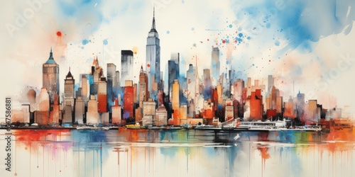 Abstract New York city panorama view in painting style, Wall art poster with american city