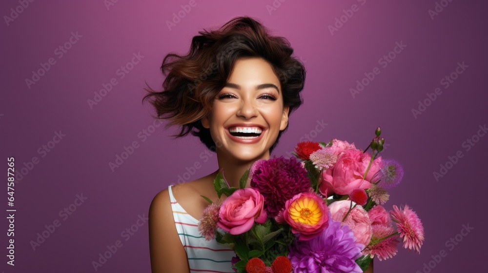 Portrait of beautiful Woman happy smiling on magenta background