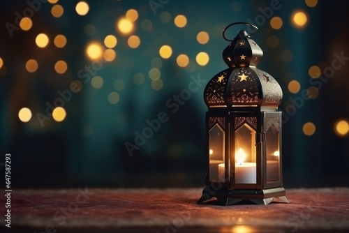 Festive Muslim arabic lantern with burning candle inside, bokeh night background