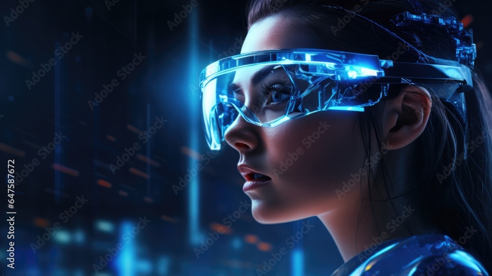 Woman wearing smart glasses futuristic technology, Metaverse concept. - obrazy, fototapety, plakaty 
