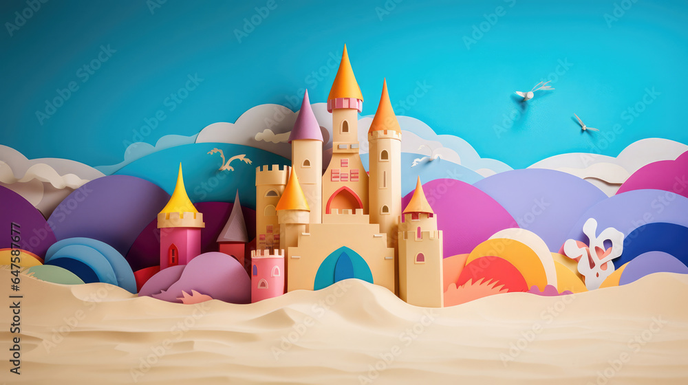 Building a sandcastle on the beach imagination taking shape made in paper cut craft Building a sandcastle on the beach imagination taking shape made in paper cut craft