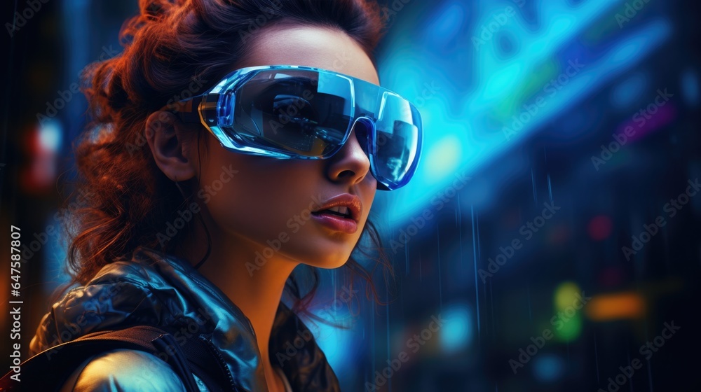 Woman wearing smart glasses futuristic technology, Metaverse concept. Woman wearing smart glasses futuristic technology, Metaverse concept.