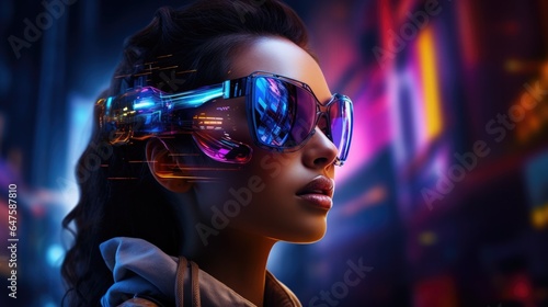 Woman wearing smart glasses futuristic technology, Metaverse concept.