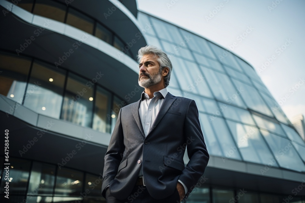 A businessman wearing suit standing front of modern office building. A businessman wearing suit standing front of modern office building.