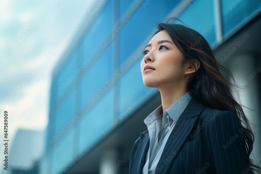 A businesswoman wearing suit standing front of modern office building. A businesswoman wearing suit standing front of modern office building.