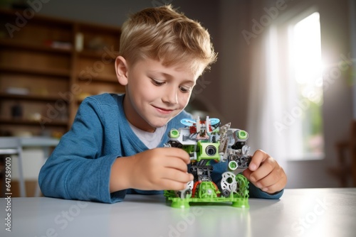 kid child boy concentrate focus learning hobby machine assembling toy robot in automated at home