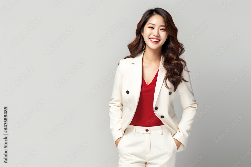 A poised and intelligent young Asian lady, donning a white suit with a bold red shirt, presents on a white backdrop. Generative AI. A poised and intelligent young Asian lady, donning a white suit with a bold red shirt, presents on a white backdrop. Generative AI.