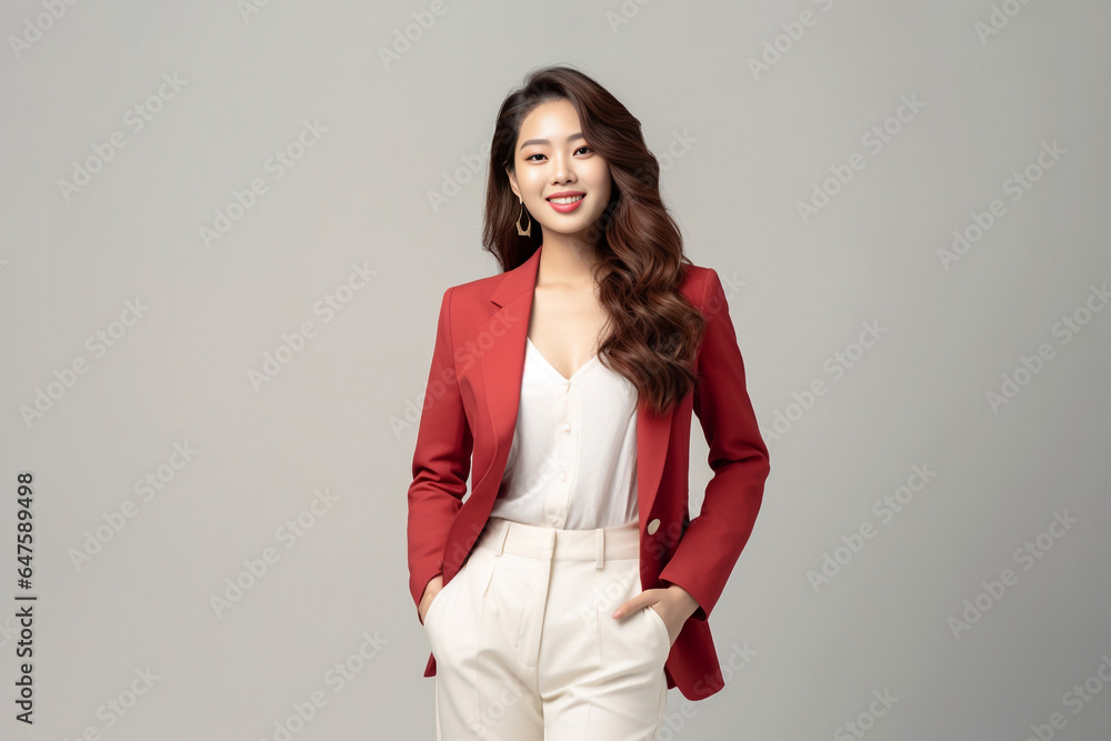 A poised and intelligent young Asian lady, donning a white suit with a bold red shirt, presents on a white backdrop. Generative AI. A poised and intelligent young Asian lady, donning a white suit with a bold red shirt, presents on a white backdrop. Generative AI.