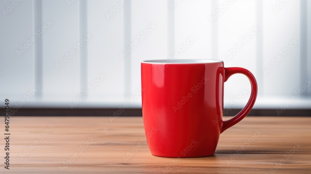 Mockup red coffee ceramic mug on a wooden table.