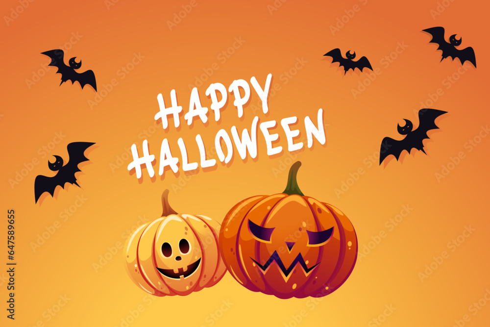 Happy Halloween background.Funny pumpkins, bats, hand lettering.Vector illustration.