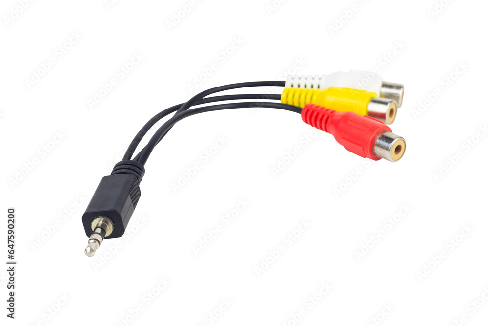 Adapter Value Jack to 3 RCA M/F, audio cable isolated from background Adapter Value Jack to 3 RCA M/F, audio cable isolated from background