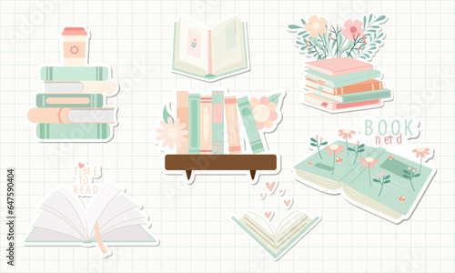 Book Lover Bookworm with Shadow Element, Book with Flower, Stack of Book with Coffee