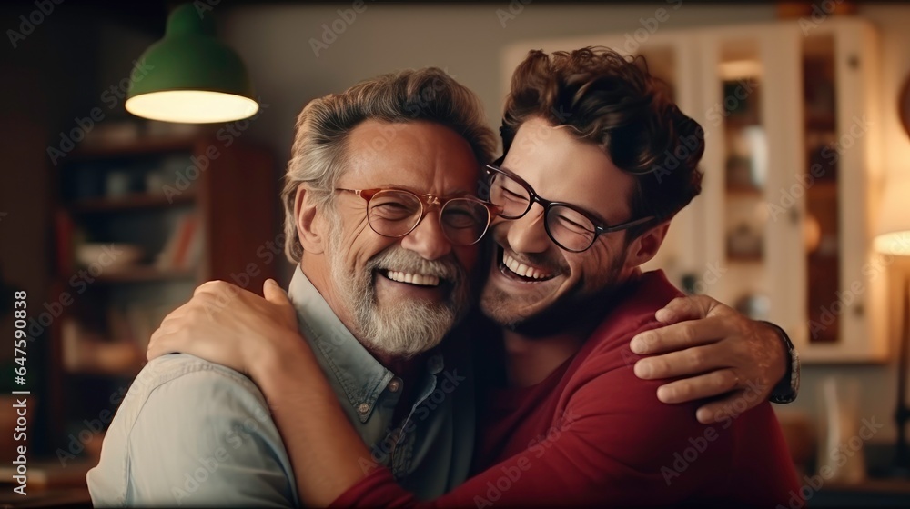 Father hugging adult son have a happy and love feeling together. - obrazy, fototapety, plakaty 