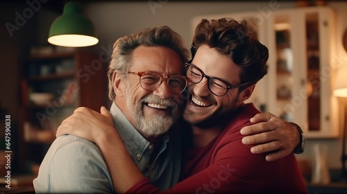 Father hugging adult son have a happy and love feeling together.