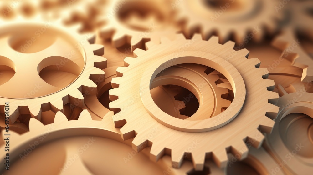Close-up of intricate wooden gears in a gear mechanism. Close-up of intricate wooden gears in a gear mechanism.