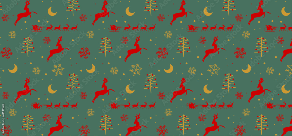 Winter seamless pattern with deer, moon, Christmas trees and snowflakes.Seasonal greeting card template. celebration holiday xmas. Winter seamless pattern with deer, moon, Christmas trees and snowflakes.Seasonal greeting card template. celebration holiday xmas.