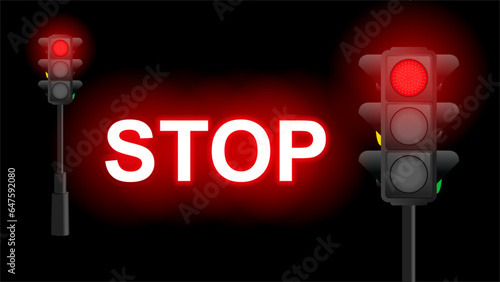 Traffic lights with red lamp on. Glowing red traffic light with stop signal banner template. Vector Traffic Lamp Design.