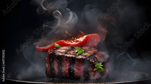 Grill beef steak on black texture background with smoke and fire