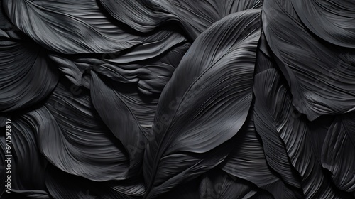 Textures of abstract black matte tropical leaves, waves, for wallpaper