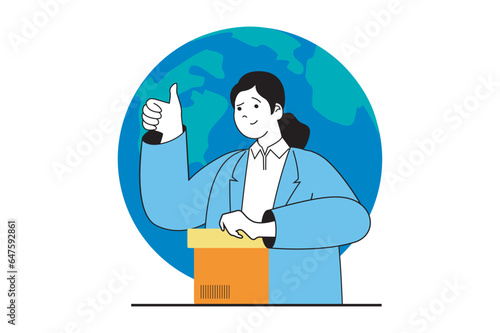 Worldwide delivery concept with people scene in flat web design. Woman using express shipping service and international logistics. Vector illustration for social media banner, marketing material.