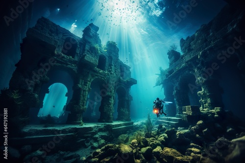 Diving into the depths, an intrepid diver fearlessly explores the mysterious remnants of an ancient sunken city, embarking on a captivating underwater adventure through time and history