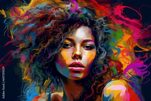 Colorful woman curly portrait. Generate Ai