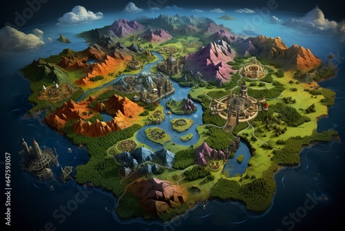 Dive into the immersive world of gaming as you navigate a captivating  treasure-laden island on this fictional map designed for a computer game  where the enchantment of a fairy tale awaits.