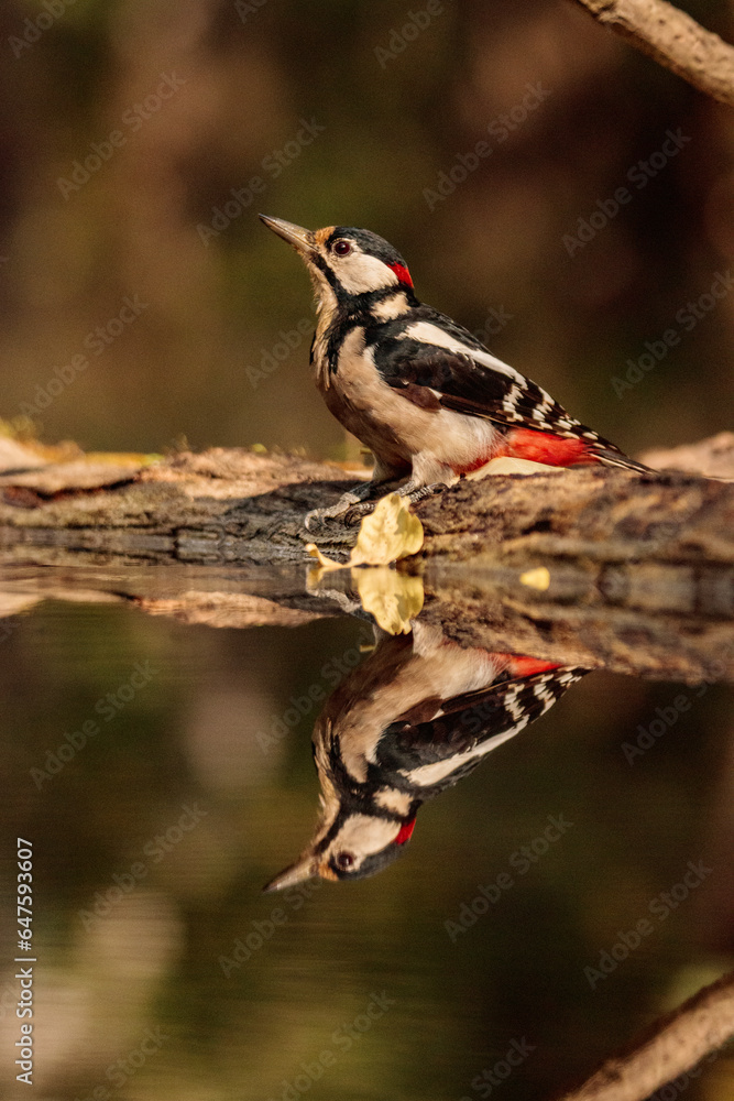 Fototapeta premium Great spotted woodpecker drinking from a pond