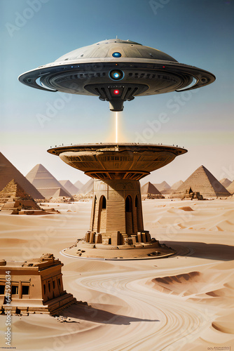 Flying saucer with pyramids in background. Highly detailed concept design illustration photo