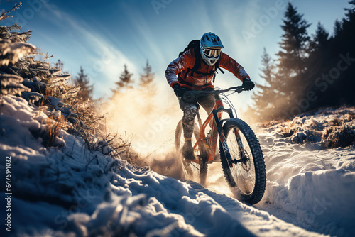 Man riding a bike in the snow, winter races sports, extreme adventure, outdoor activity. AI Generative.