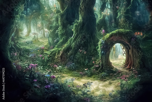 Magic teleport portal in mystic fairy tale forest. Gate to parallel fantasy surreal world.