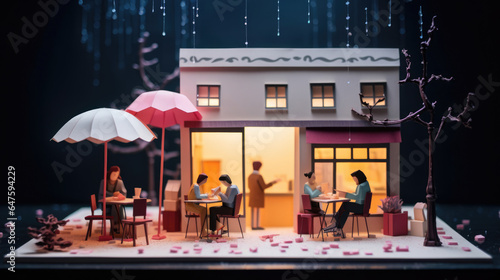 Cozy coffee shop rain outside people engrossed in books made in paper cut craft