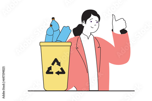 Zero waste concept with people scene in flat web design. Woman sorting garbage, collecting plastic bottles to trash bin for recycling. Vector illustration for social media banner, marketing material.