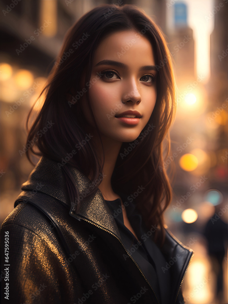 Obraz premium Beautiful girl, super model standing in the city. ai generative