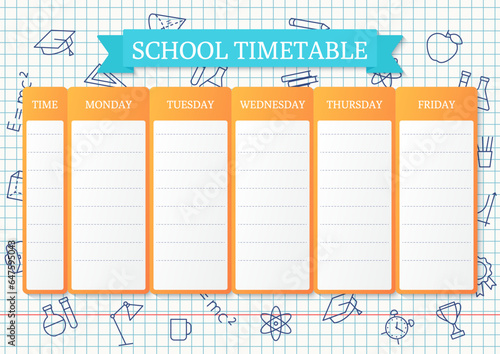 School timetable. Schedule for kids. Weekly time table with lessons. Student plan template on checkered paper with linear school icons. Vector illustration. Educational classes diary on English, A4.