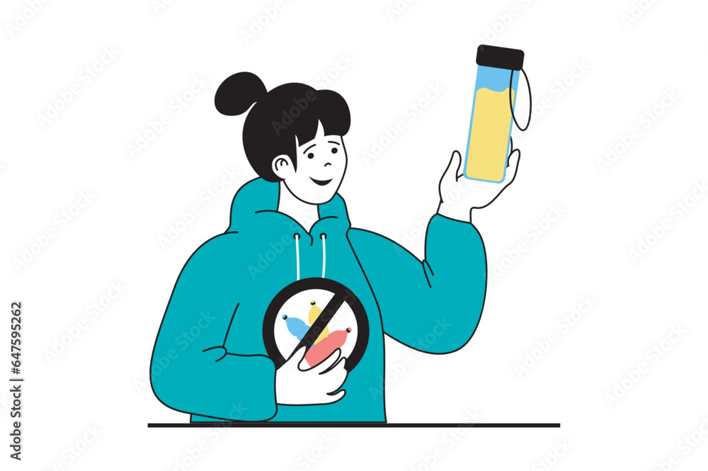 Zero waste concept with people scene in flat web design. Eco activist woman uses reusable glass bottle and refuses plastic packaging. Vector illustration for social media banner, marketing material.