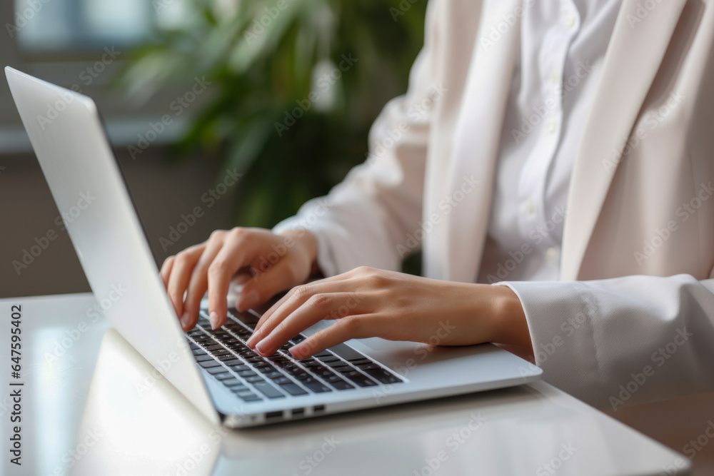 business woman typing on a laptop computer. Close-up photo business woman typing on a laptop computer. Close-up photo