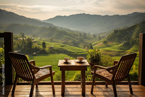 wooden terrace with wooden chairs coffee mugs on the table landscape view of terraced rice fields and mountains is the background in morning warm light © Attasit