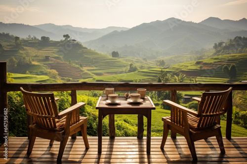 wooden terrace with wooden chairs coffee mugs on the table landscape view of terraced rice fields and mountains is the background in morning warm light