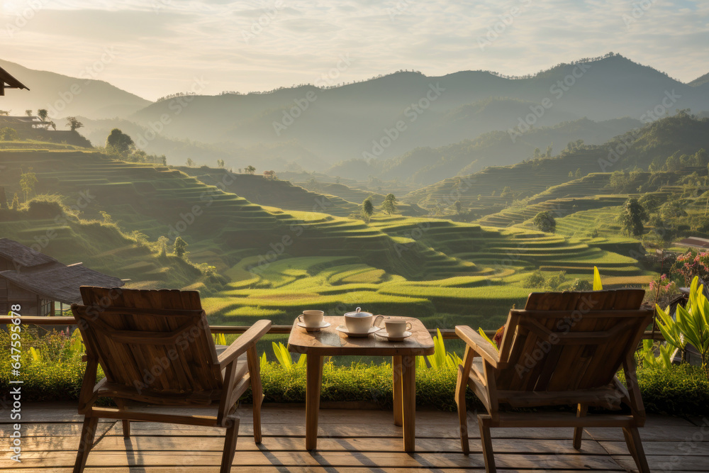 wooden terrace with wooden chairs coffee mugs on the table landscape view of terraced rice fields and mountains is the background in morning warm light wooden terrace with wooden chairs coffee mugs on the table landscape view of terraced rice fields and mountains is the background in morning warm light