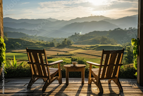 wooden terrace with wooden chairs coffee mugs on the table landscape view of terraced rice fields and mountains is the background in morning warm light © Attasit
