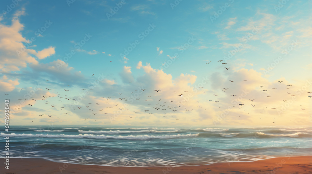 A beach that has some birds flying