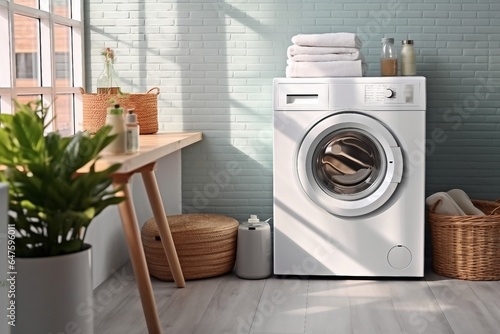 Clothes washing machine in laundry room interior with window. generative ai.